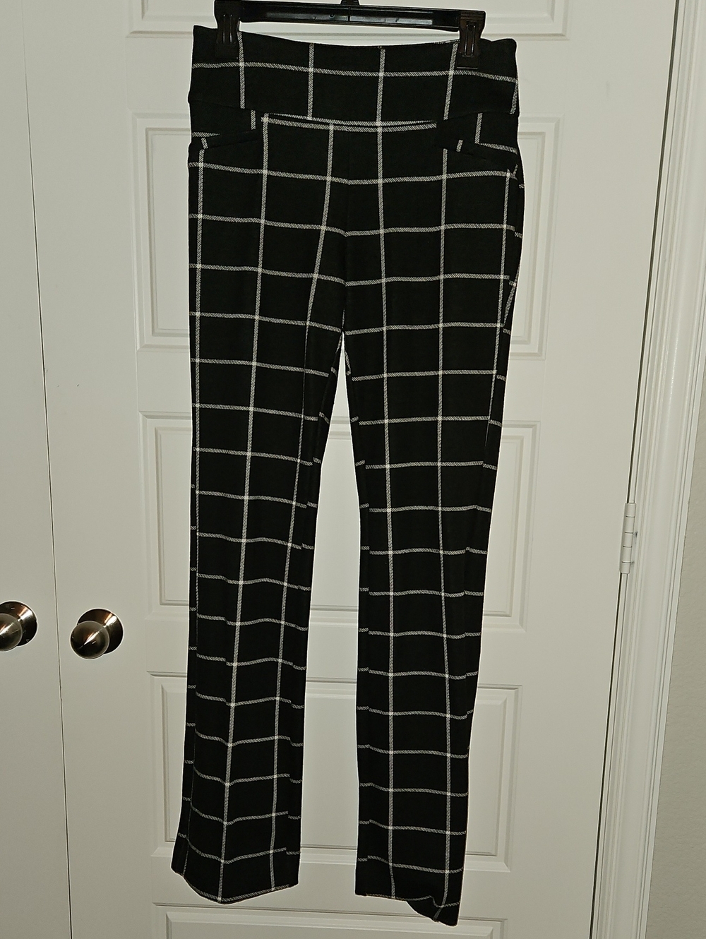 Black Windowpane Straight-Leg Pull-On Pants
